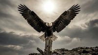 Majestic eagle perched on wooden post with wings spread wide against dramatic cloudy sky, symbolizing freedom, power, and nature for wildlife and inspirational projects.