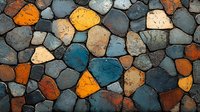 Colorful stone wall texture with blue, orange, and yellow rocks creating natural mosaic pattern. Dark grout between stones adds depth and contrast to rustic surface.