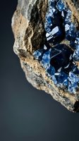 Deep blue crystal formation embedded in natural rock matrix showcasing geological mineral specimen with metallic luster and crystalline structure formations.