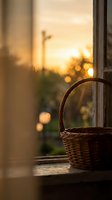 Wicker basket on wooden windowsill with warm golden sunset light streaming through open window creating cozy rustic home atmosphere for seasonal decor concepts.