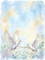 Watercolor illustration of two white doves perched on a flowering branch with soft blue and cream sky background, suitable for wedding invitations and greeting cards.