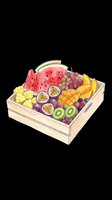 Wooden fruit box filled with watermelon slices, grapes, passion fruit, pineapple, bananas, kiwi, and berries. Isolated on transparent background, ready for clipart, t-shirt design, stickers, and print-on-demand products.