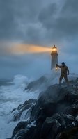 Man with lantern standing on rocky coastline near lighthouse during stormy weather with dramatic cloudy sky and crashing waves at dusk.