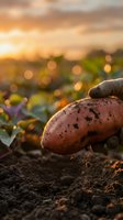 Fresh harvested sweet potatoes in rich soil during golden hour sunset with warm bokeh lights creating agricultural farming atmosphere for organic food concepts.