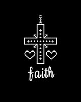 White decorative cross with hearts and faith text on black background. Religious symbol with ornamental details and modern calligraphy style lettering.