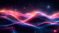 Glowing neon waves flow through starry space, creating dynamic curves of pink and blue light against dark cosmic background with sparkling particles and bokeh effect.