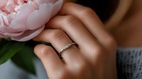 Woman wearing silver wedding band ring holding pink peony flower, engagement and marriage celebration concept for weddings, love and relationships.