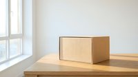Closed cardboard box on a wooden table in a bright minimalist room near a window, symbolizing delivery, moving, or storage.