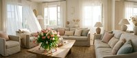 Bright modern living room with beige sectional sofa, fresh flowers on wooden coffee table, natural light streaming through white curtains creating cozy atmosphere.