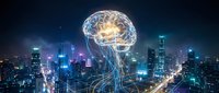 Glowing digital brain with neural network connections floating above a futuristic illuminated city skyline at night, symbolizing AI and smart technology.