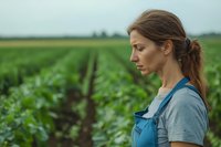 Young female farmer in denim overalls and gray t-shirt looking thoughtfully across green agricultural field with growing crops on summer day, side profile view.