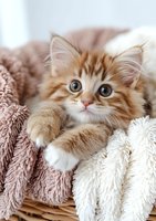 Adorable ginger kitten with big blue eyes lying on soft pink and white blankets in wicker basket, looking up with innocent expression. Pet photography.