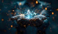 Hands holding glowing digital brain with neural network connections and sparkling light effects on dark blue background for technology concepts.