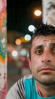 Adult male with dark hair and facial hair, appearing contemplative or concerned, positioned against colorful street art at night with bokeh city lights in background for urban lifestyle and emotion concepts.