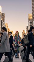 Young Asian woman in colorful streetwear standing confidently on busy urban crosswalk during golden hour while business people rush past in modern city.
