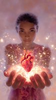 Young African American woman holding glowing anatomical heart with magical light particles, soft pink ethereal background creates mystical healing atmosphere.