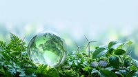 Green crystal globe surrounded by fresh ferns and leaves with wind turbines in background representing renewable energy and environmental sustainability.