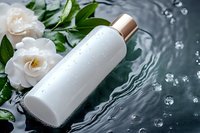 White cosmetic bottle with rose gold cap floating in water with white roses and water droplets for skincare and beauty product advertising.