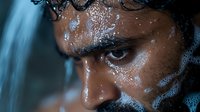 Young South Asian male with water droplets and dramatic lighting on face in profile view against blue background, creating moody atmospheric portrait.