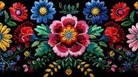 Vibrant folk art floral embroidery pattern with colorful blooms in red, blue, yellow, and pink against black background, featuring traditional ornamental design.