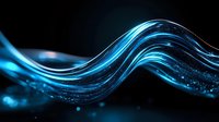 Glowing blue wave lines with sparkles and particles flowing on black background, abstract digital technology concept for presentations and backgrounds.