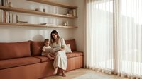 Young woman in white bathrobe relaxing on orange sofa with coffee cup in bright modern living room with wooden shelves and natural light streaming through curtains.
