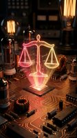 Glowing neon scales of justice hologram projected from a microchip on a circuit board, surrounded by vacuum tubes and warm Edison bulbs.