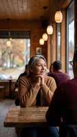Mature Asian woman sitting thoughtfully in cozy cafe with warm lighting and wooden interior, hands clasped under chin in contemplative pose.