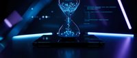 Futuristic digital hourglass with glowing blue particles on high-tech platform surrounded by neon lights in cyberpunk environment for technology concepts.
