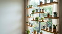 Modern floating wooden shelves displaying variety of small potted plants and succulents near bright window creating natural indoor garden display for home decor.