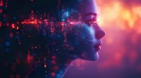 Female profile silhouette with glowing digital particles effect against dark background, neon red and blue lights creating futuristic cyberpunk atmosphere.