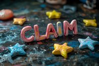 Pink clay letters spelling CLAIM surrounded by colorful star shapes on dark textured background. Creative composition for business and legal concepts.