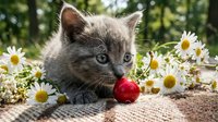 Young gray kitten with blue eyes playing with red ball surrounded by white daisy flowers in sunny garden setting, perfect for pet and nature themed designs.