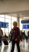 Happy mature African American woman walking through modern airport terminal with luggage and red scarf, smiling while traveling for business or vacation.