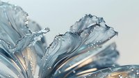 Delicate blue-tinted flower petals with water droplets in macro photography, creating abstract natural art with soft golden light shining through translucent surfaces.