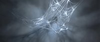 Young adult male with light skin tone wearing casual attire, suspended in mid-air surrounded by glowing white geometric lines and nodes forming an abstract network structure against a dark, cloudy background, representing digital connectivity, data flow, and technological innovation.