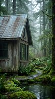 Rustic wooden cabin with corrugated metal roof nestled in misty forest surrounded by moss-covered trees, ferns, and flowing stream for nature retreat and woodland escape concepts.