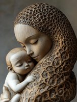 Mother and child in tender embrace, carved wooden sculpture with intricate geometric patterns and delicate details throughout. Suitable for home decor, art galleries, and inspirational designs.