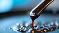 Macro shot of dark liquid droplet falling from glass dropper creating abstract pattern with bokeh effect on reflective surface. Suitable for cosmetic advertising.