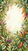 Watercolor illustration of chili pepper plants with vibrant red, orange, and purple pods surrounded by green foliage and delicate flowers, creating a decorative border frame with cream center space for text or design use.