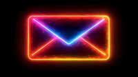 Glowing neon mail envelope icon with vibrant red, purple and blue colors on black background, digital communication symbol for apps and web design.