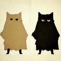 Minimalist silhouettes of brown and black cat characters with glowing eyes on beige background, creating mysterious mood for children's book illustration.