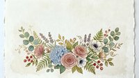 Vintage botanical arrangement featuring roses, hydrangeas, and ferns with berries on textured cream paper for design and decoration projects.