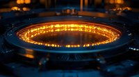 Glowing circular electronic component with orange light illuminating dark technological environment, used in advanced computing systems.