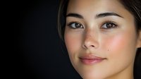Young Asian woman with natural freckles and glowing skin smiling softly against dark background, showcasing minimal makeup and authentic beauty for cosmetic and skincare advertising.