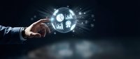 Businessman hand pointing at glowing digital globe with network connections and light rays on dark background for technology presentations.