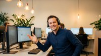 Smiling young Caucasian businessman with headset working at dual monitor computer setup in modern office environment for customer service operations.