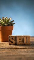 Wooden letter blocks spelling SEO on rustic table with succulent plant in terracotta pot against blue background for digital marketing and web optimization concepts.