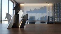 Upward arrows and financial charts on office wall represent business growth, stock market gains, and corporate success for financial presentations and investment concepts.
