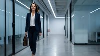 Professional businesswoman walking confidently through modern office corridor with briefcase, corporate executive in formal suit navigating workplace hallway.